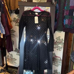 Women's Black Long-Sleeve Mesh Vintage  A-Line Dress